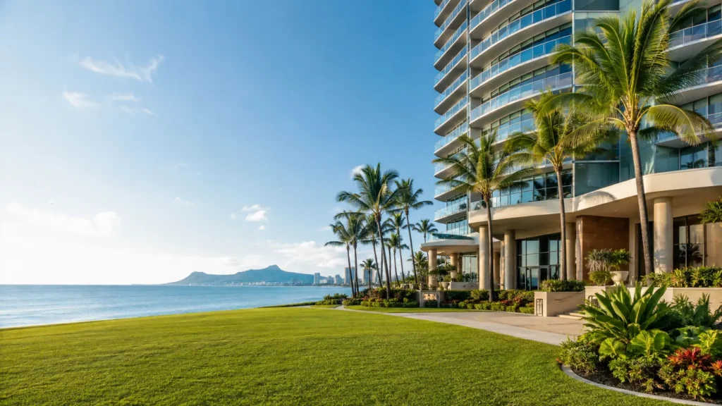 Waterfront high-rise property in Hawaii with healthy tropical landscaping, palm trees, and a large maintained lawn.