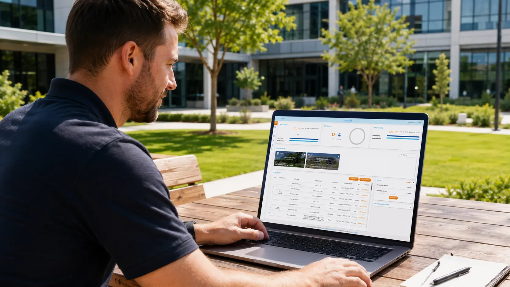 Property professional reviewing the Smart Rain irrigation dashboard on a laptop at a landscaped commercial property.